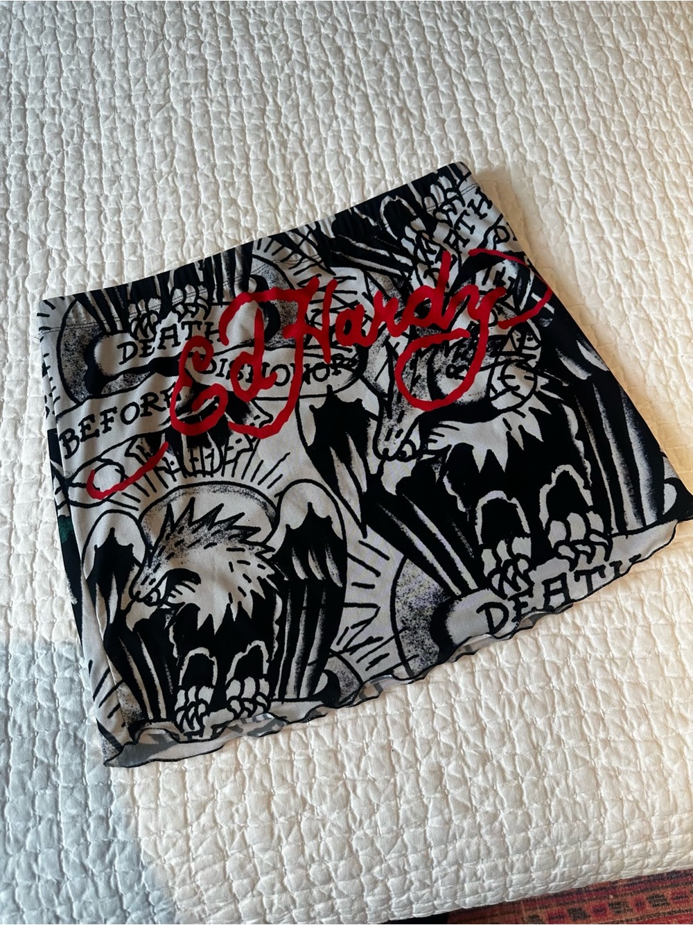 Ed Hardy Sheer Graphic Eagle Scarf - Black, White & Red Script